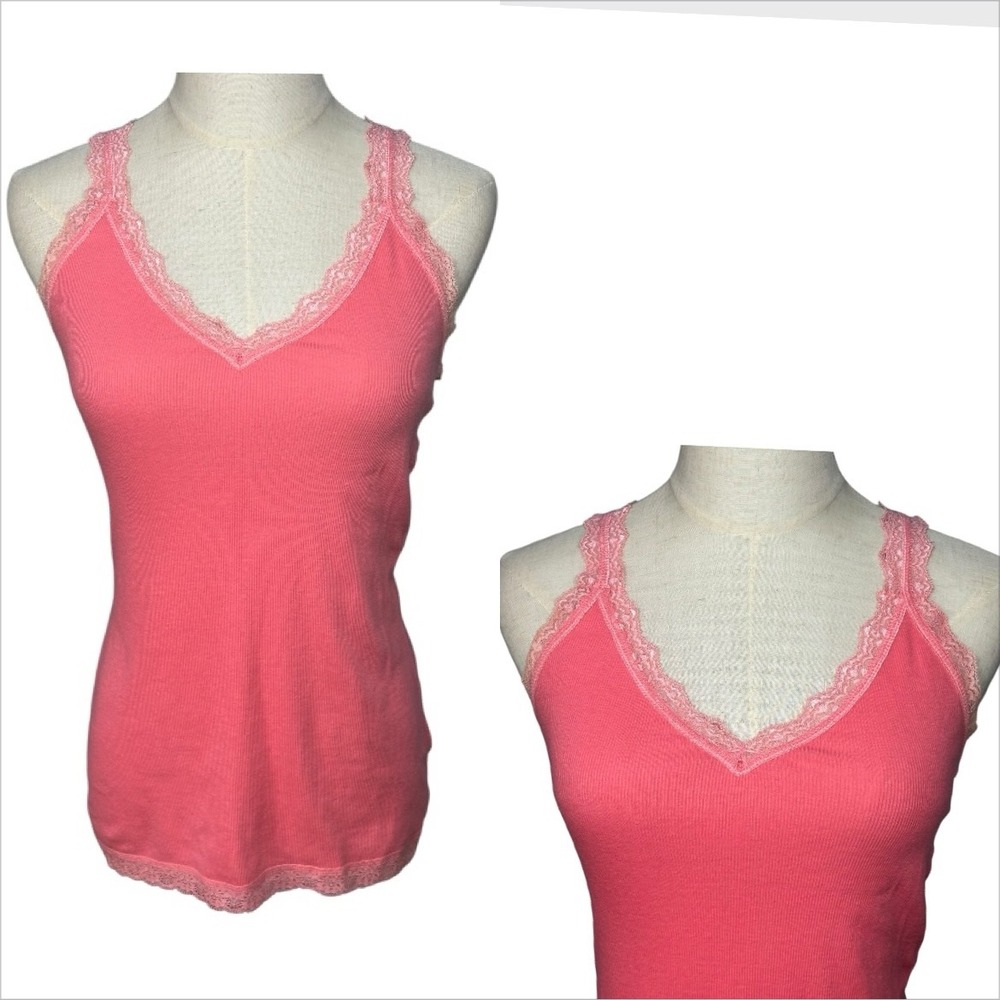Vtg Old Navy Y2K 2010s Lace Trim Ribbed Cami M Pink Preppy Elena Layer Stretch